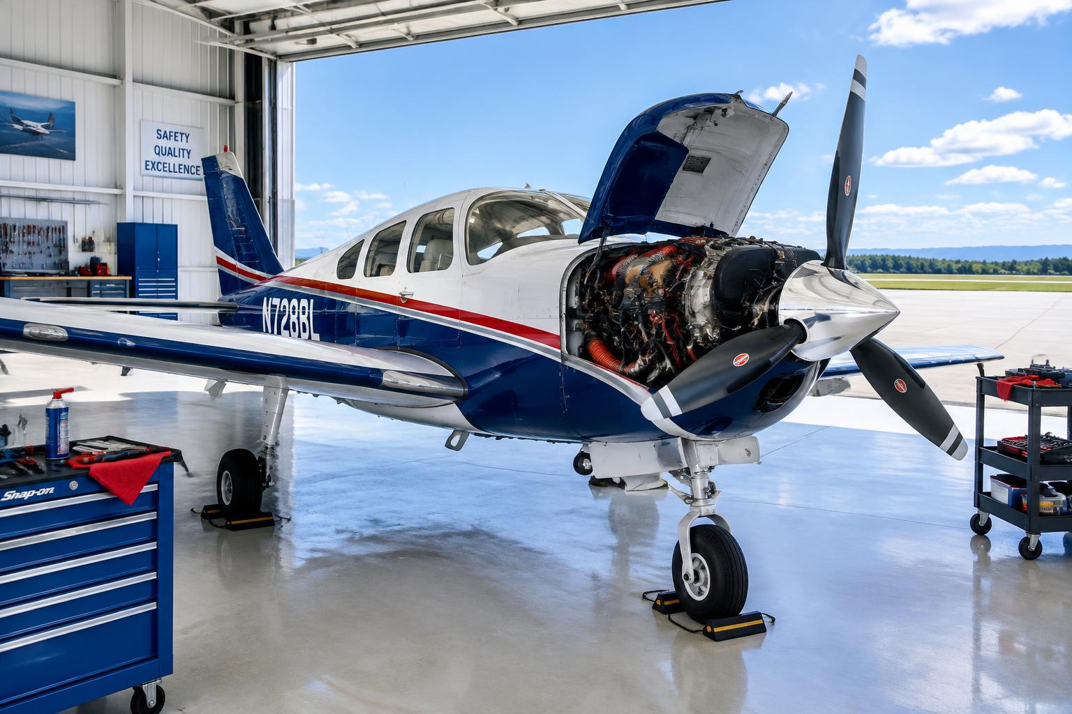 Single-engine aircraft in a dark hangar at dusk